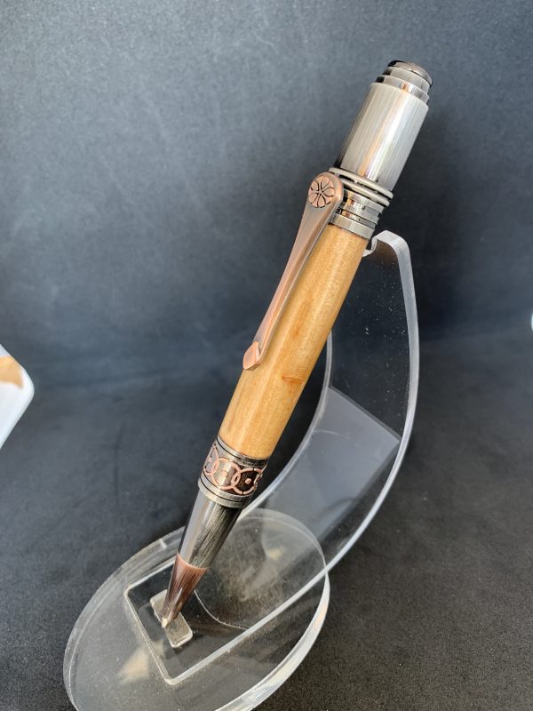 Rare Caledonian Pine Art Deco handcrafted pen made from 250 year old wood from Scotland in Celtic style with rose and copper fittings - Image 7