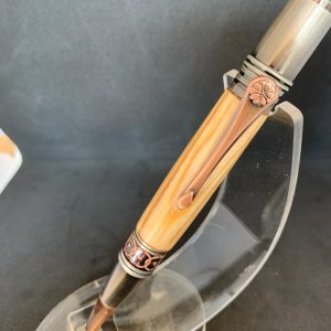 Rare Caledonian Pine Art Deco handcrafted pen made from 250 year old wood from Scotland in Celtic style with rose and copper fittings