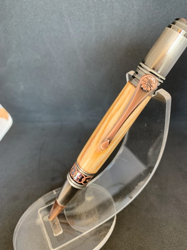 Rare Caledonian Pine Art Deco handcrafted pen made from 250 year old wood from Scotland in Celtic style with rose and copper fittings