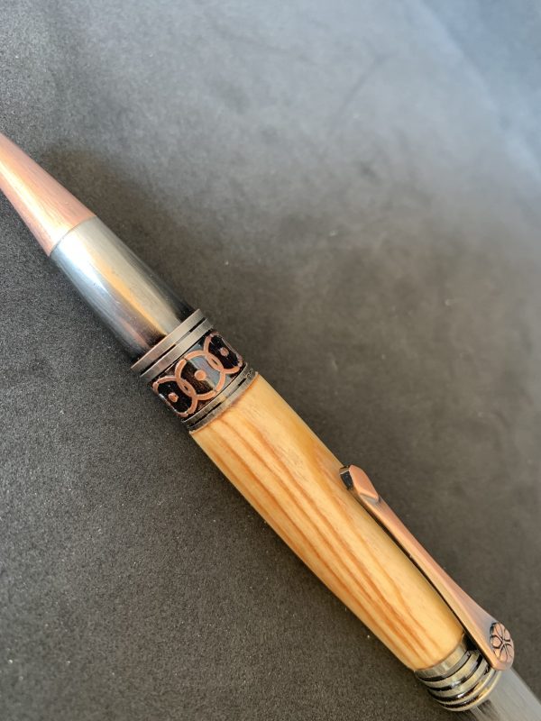 Rare Caledonian Pine Art Deco handcrafted pen made from 250 year old wood from Scotland in Celtic style with rose and copper fittings - Image 5