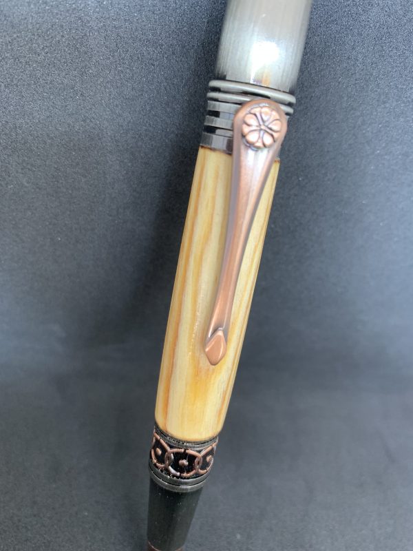 Rare Caledonian Pine Art Deco handcrafted pen made from 250 year old wood from Scotland in Celtic style with rose and copper fittings - Image 4