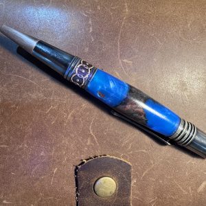 Maple Burl and blue resin ballpoint pen handcrafted with art deco and Celtic features