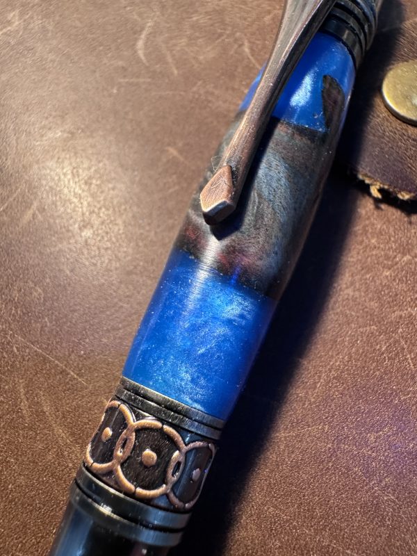 Maple Burl and blue resin ballpoint pen handcrafted with art deco and Celtic features - Image 2