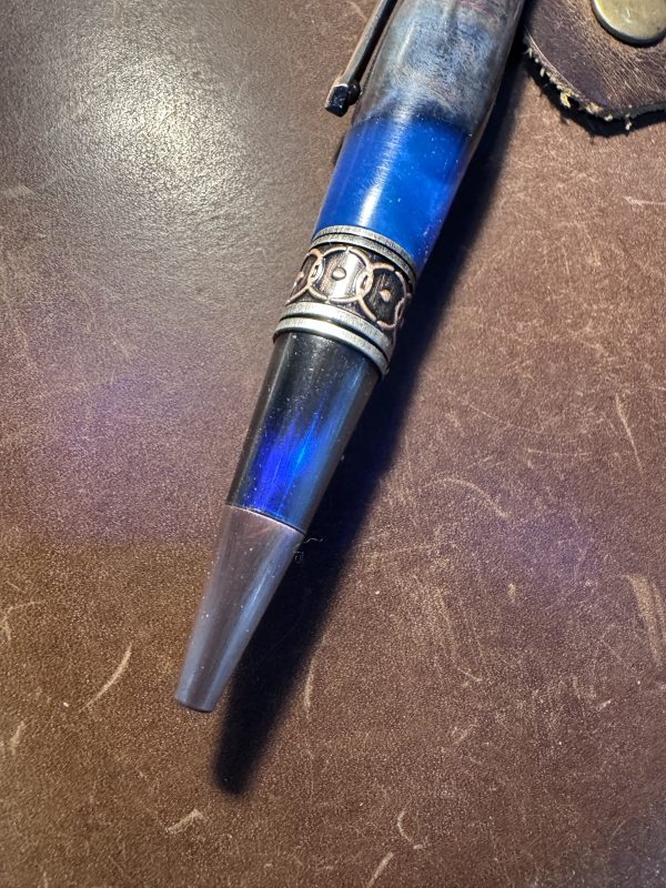 Maple Burl and blue resin ballpoint pen handcrafted with art deco and Celtic features - Image 5