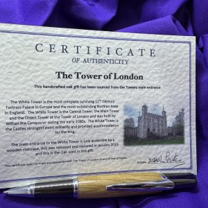 Rare and historic pen made from wood taken from the Tower of London, and finished in chrome and gunmetal