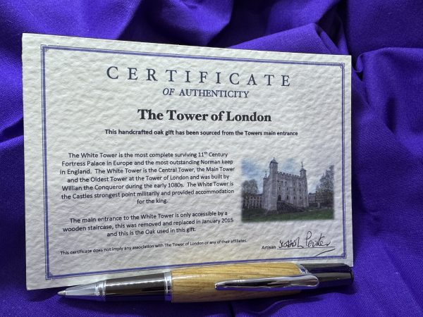 Rare and historic pen made from wood taken from the Tower of London, and finished in chrome and gunmetal