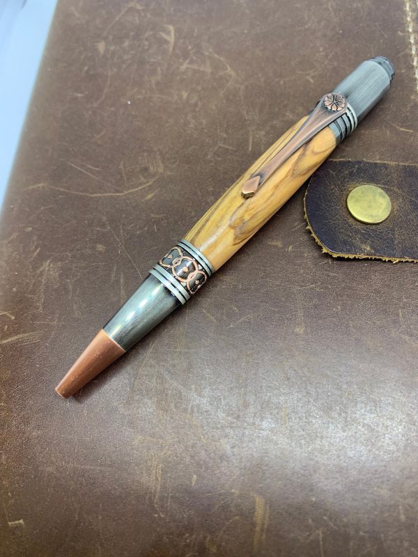 Antique Rose Copper Handcrafted ballpoint pen Art Deco Bethlehem Olive wood