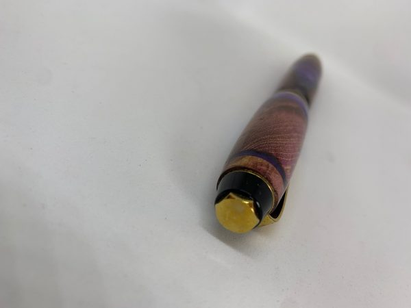Maple Burl and purple resin ballpoint pen handcrafted with gold finish