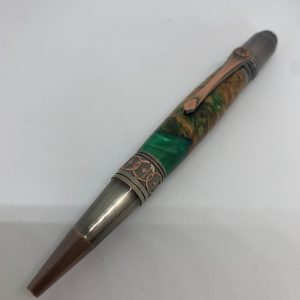 Maple Burl and green resin ballpoint pen in Art Deco / Celtic style
