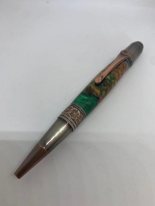 Maple Burl and green resin ballpoint pen in Art Deco / Celtic style