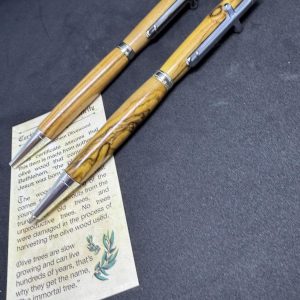 Unique Holy Land Olive wood set of pen and pencil in chrome fittings with presentation box