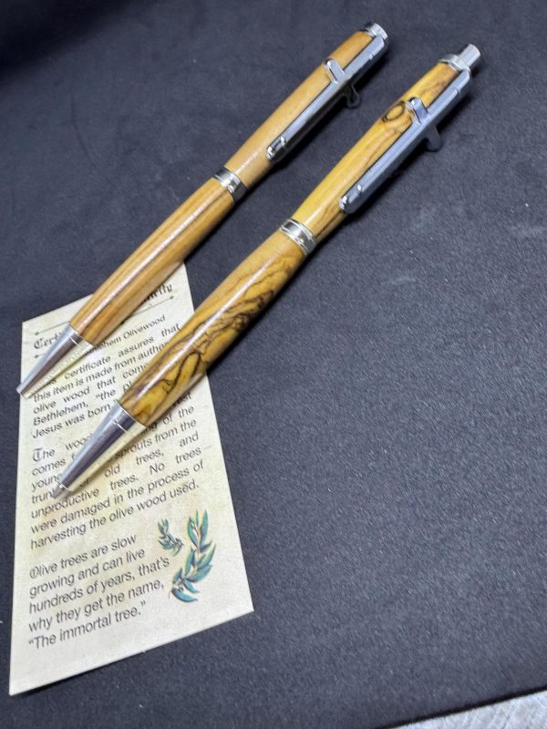Unique Holy Land Olive wood set of pen and pencil in chrome fittings with presentation box